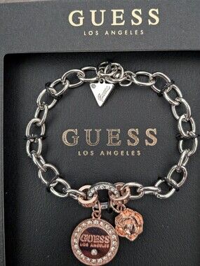 NWT -GUESS Two-Tone Silver & Rose Gold Logo Charm Bracelet